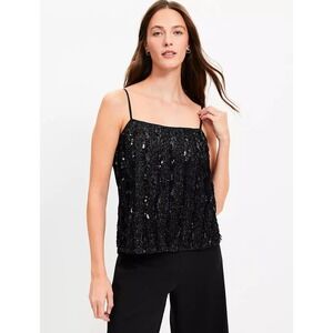 Loft Sequin Fringe Square Neck Cami Black Party Top Evening Glam Size Large